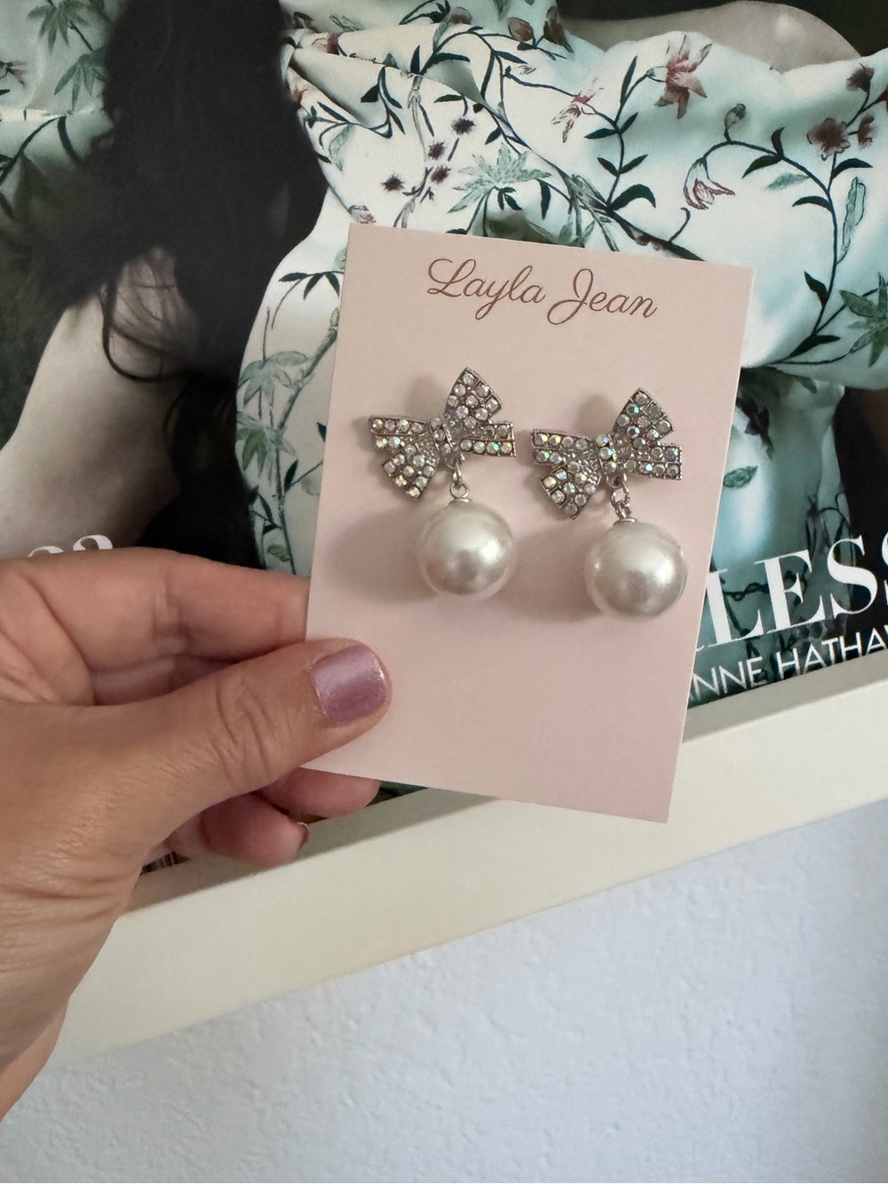 Layla Jean Crystal Bow Pearl Drop Earrings - Silver & White